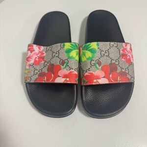 Black Slide Sandals with Red & Green Floral GG Strap